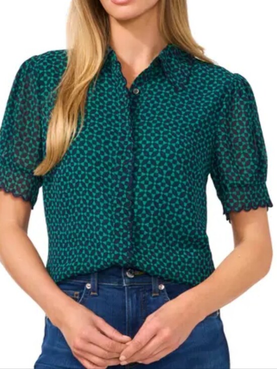 CeCe Tops - CeCe Teal and Navy Geometric Short-Sleeve Button Down Shirt